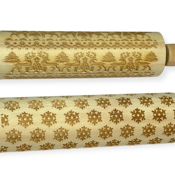 3D Engraved Christmas Wooden Rolling‎ Pins Elk Deer Snowflake - Picture 2 of 5